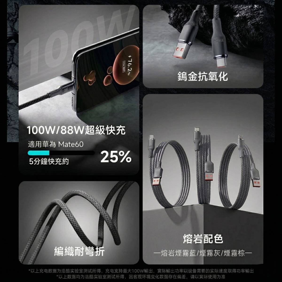 100W超級快充 鎢金抗氧化 編織耐彎折